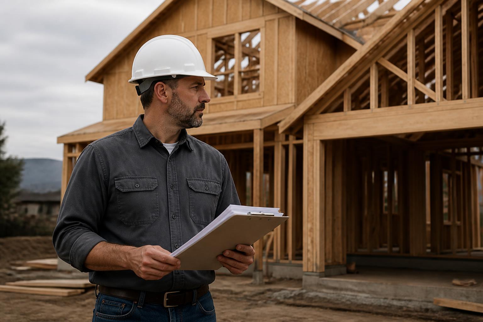 A construction superintendent reviewing work in front of a home under framing
