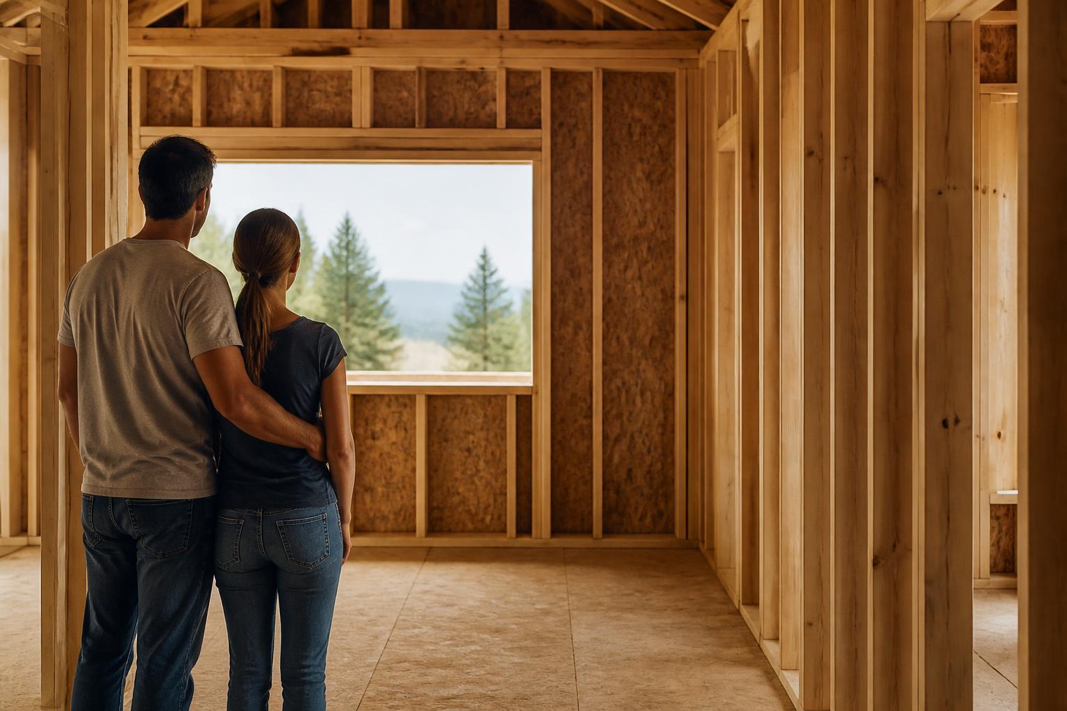Two buyers standing inside their home while it is still framed, looking out a window opening