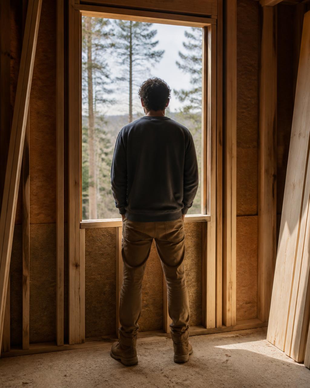 A buyer alone in an unfinished room, looking out through a rough window opening