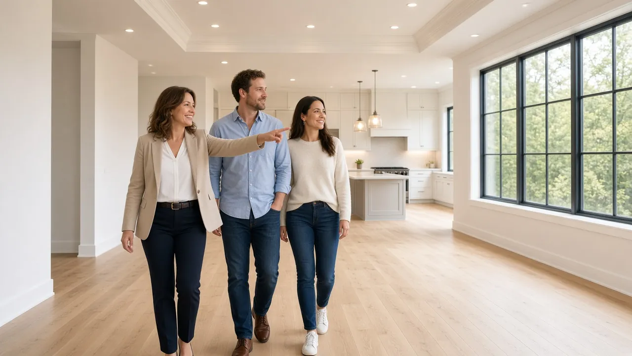 A Realtor walks a couple through the great room of a new home.