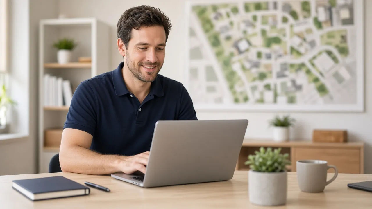 A new-home sales consultant working at a laptop in a sales office.