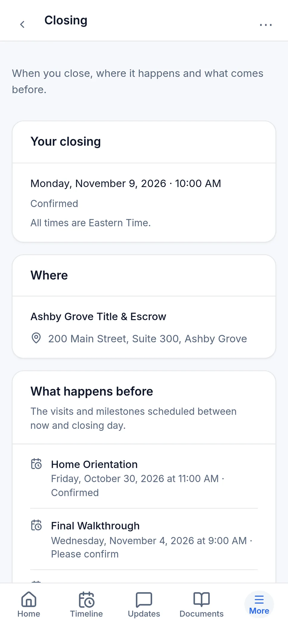 The buyer's Closing screen: the confirmed closing date, time and title company, and the visits scheduled before it. Fictional sample data.