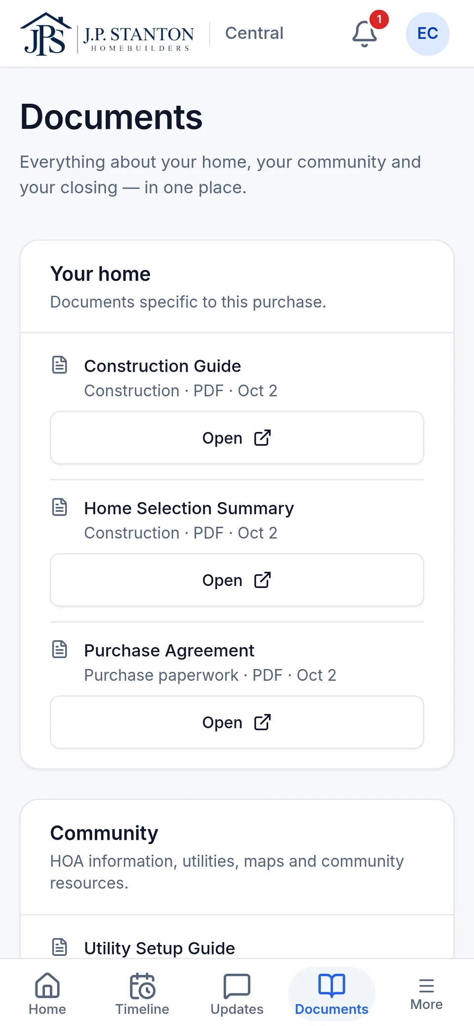 The buyer's Documents screen: guides and the purchase agreement under Your home, then community documents. Fictional sample data.