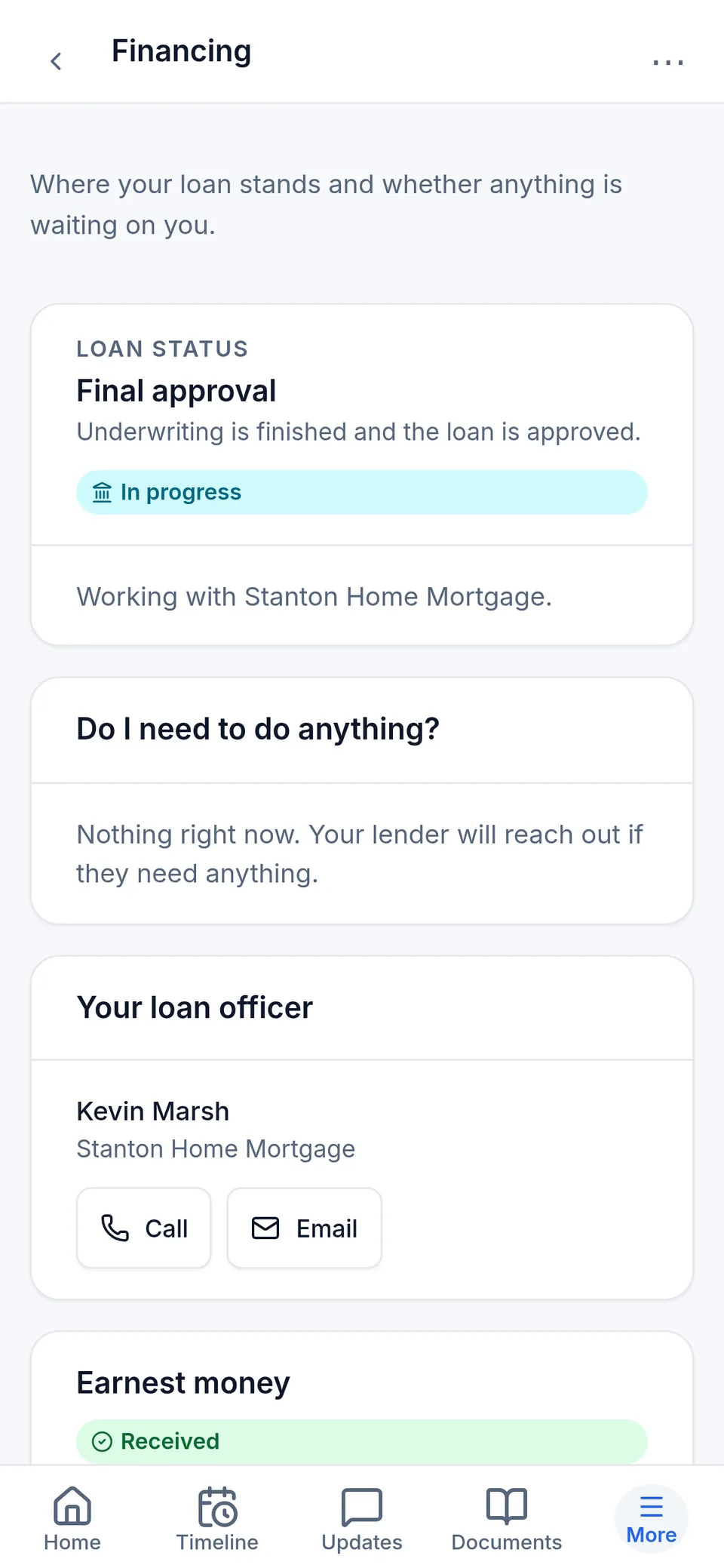 The buyer's Financing screen: Final approval, the loan officer's contact, and 'Nothing right now' under what to do. Fictional sample data.