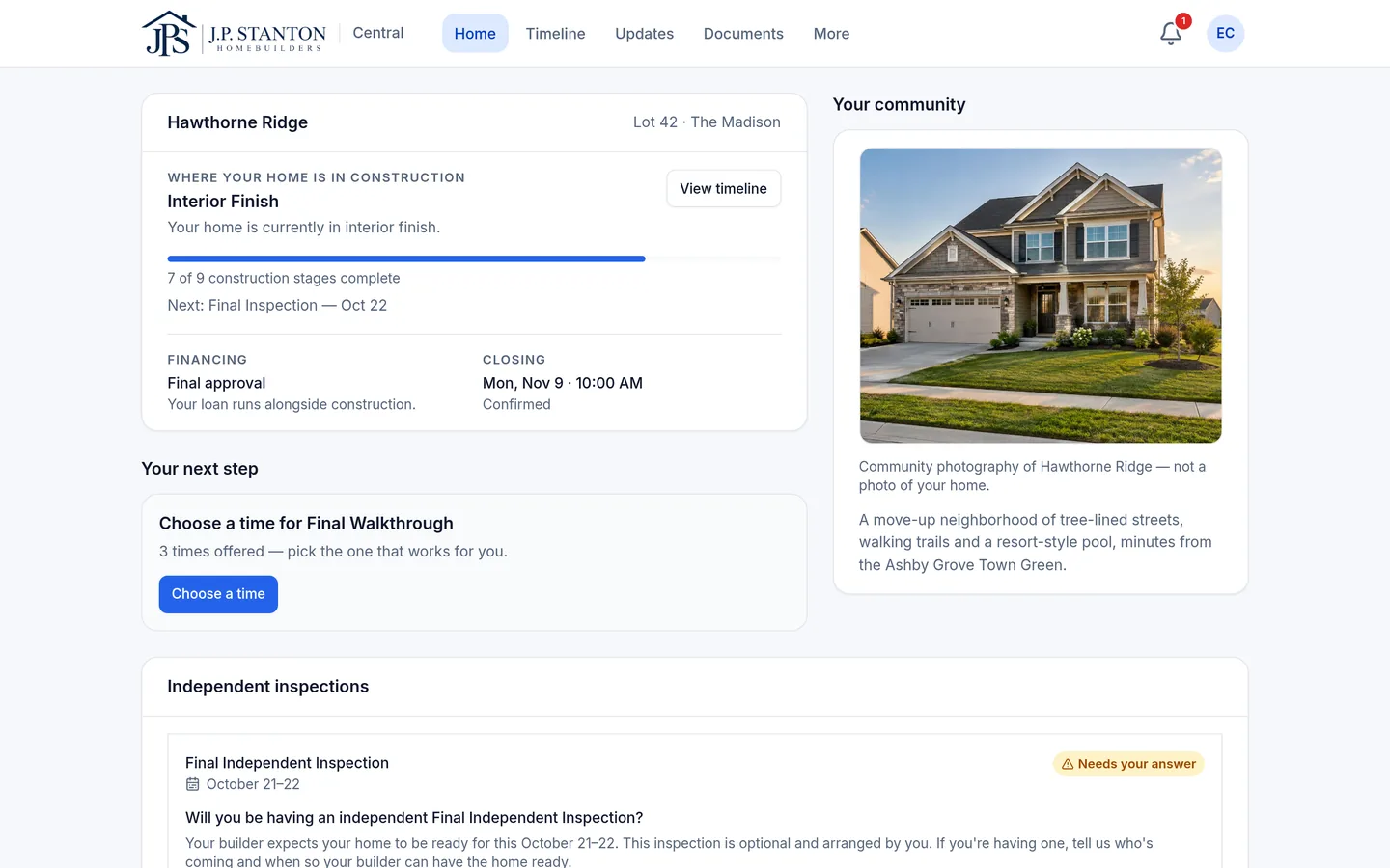 The buyer's home screen on a computer: current stage, financing, closing, one next step and a community photo. Fictional sample data.