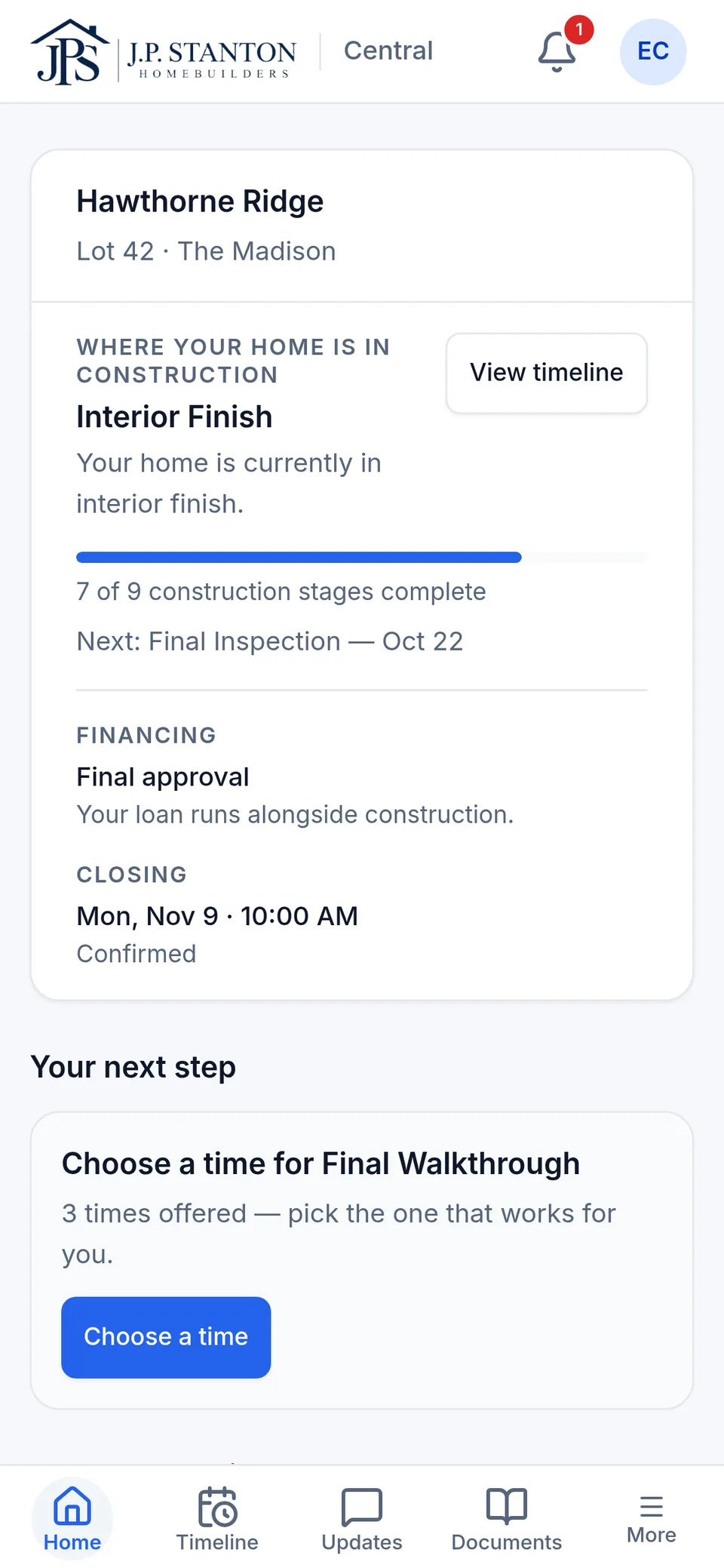 The buyer's home screen for the same home: current stage, financing, closing date and one next step. Fictional sample data.