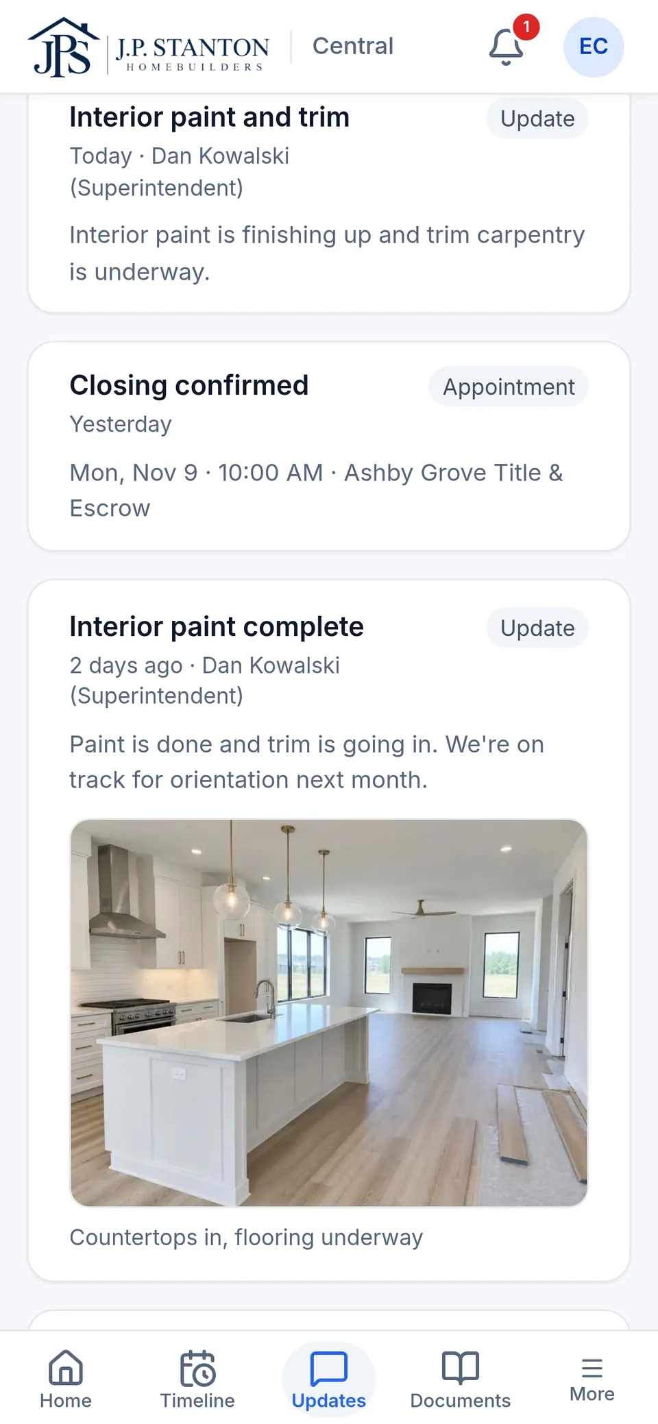 The buyer's Updates screen: recent posts from the superintendent, including Interior paint complete with a kitchen photo. Fictional sample data.