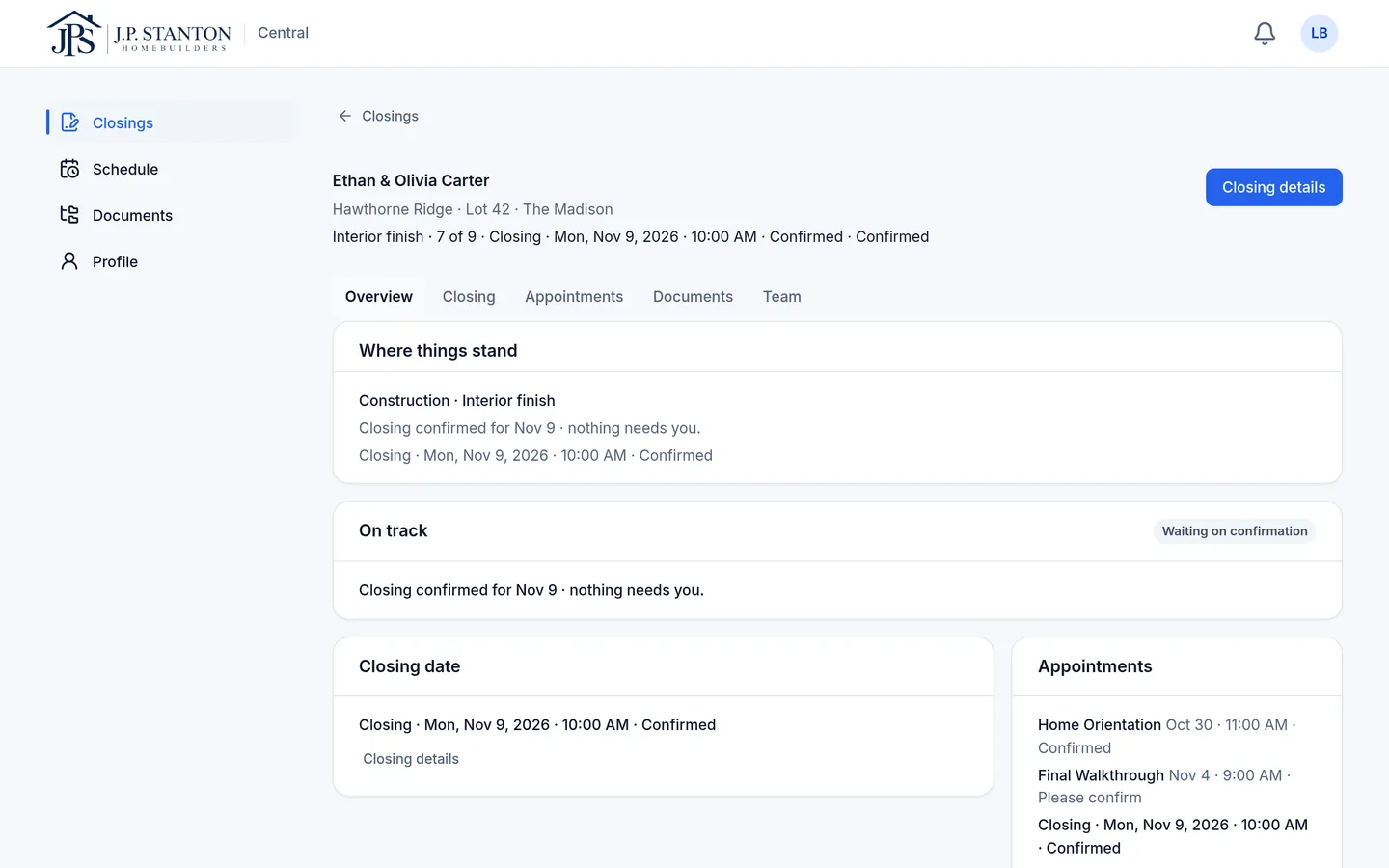 The closing coordinator's view of the Carter home: the confirmed closing date and time, and the appointments before it. Fictional sample data.