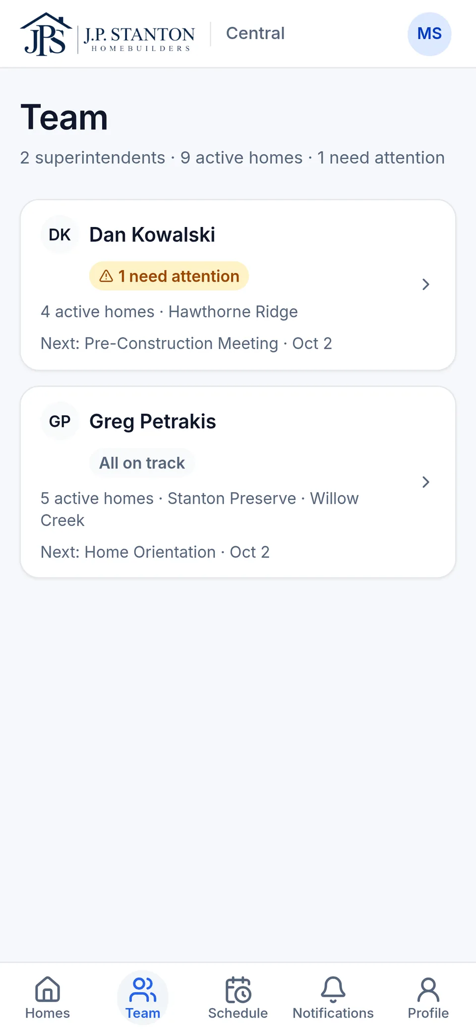 The construction manager's Team page on a phone: each superintendent with active homes, communities and next appointment. Fictional sample data.