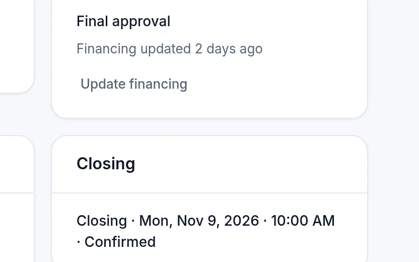 The loan officer's Financing and Closing panels: Final approval, and closing on Mon, Nov 9, 2026 at 10:00 AM, confirmed. Fictional sample data.