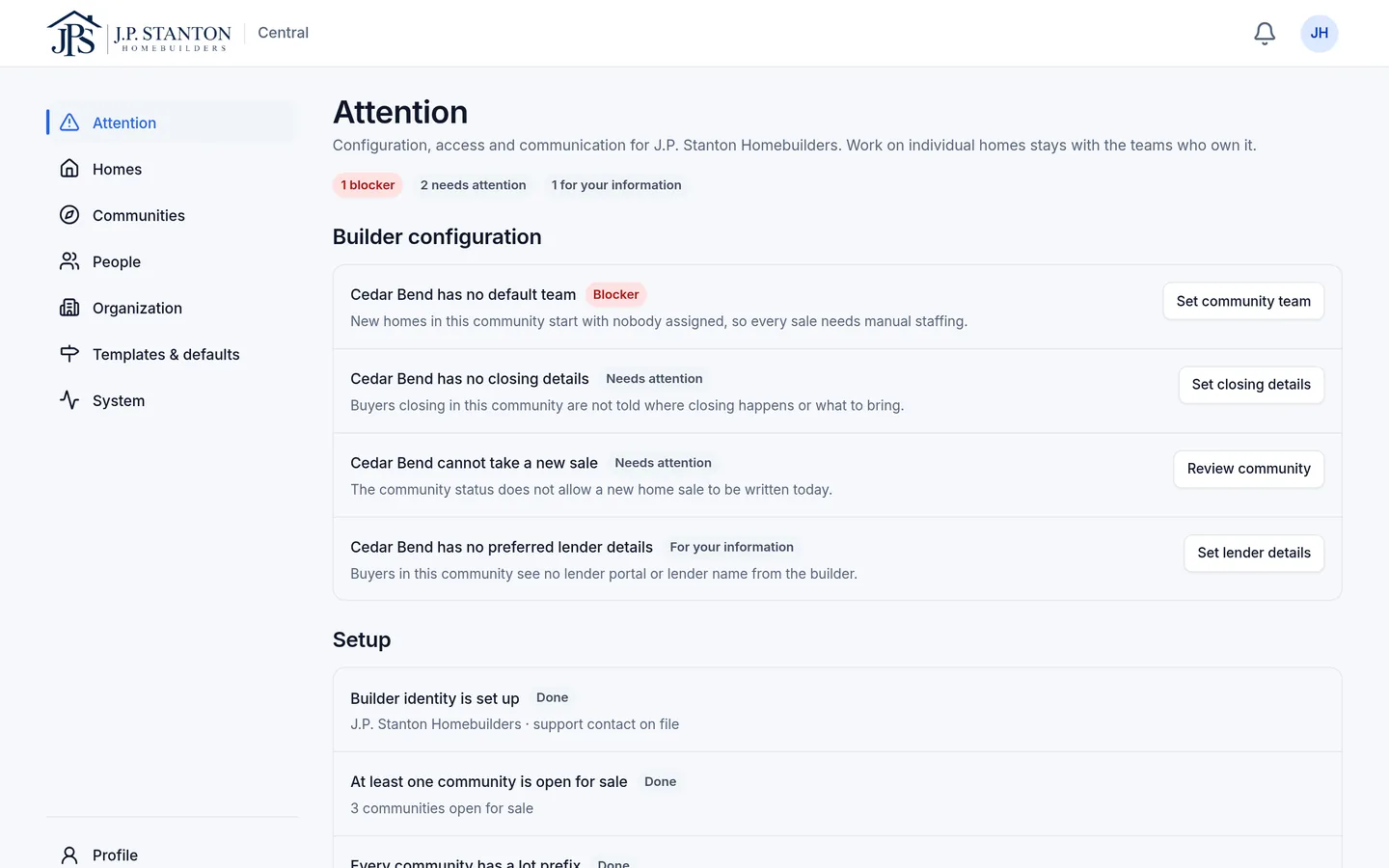 The admin Attention page: four Cedar Bend setup items, each with its reason and a button to fix it, then the setup checklist. Fictional sample data.