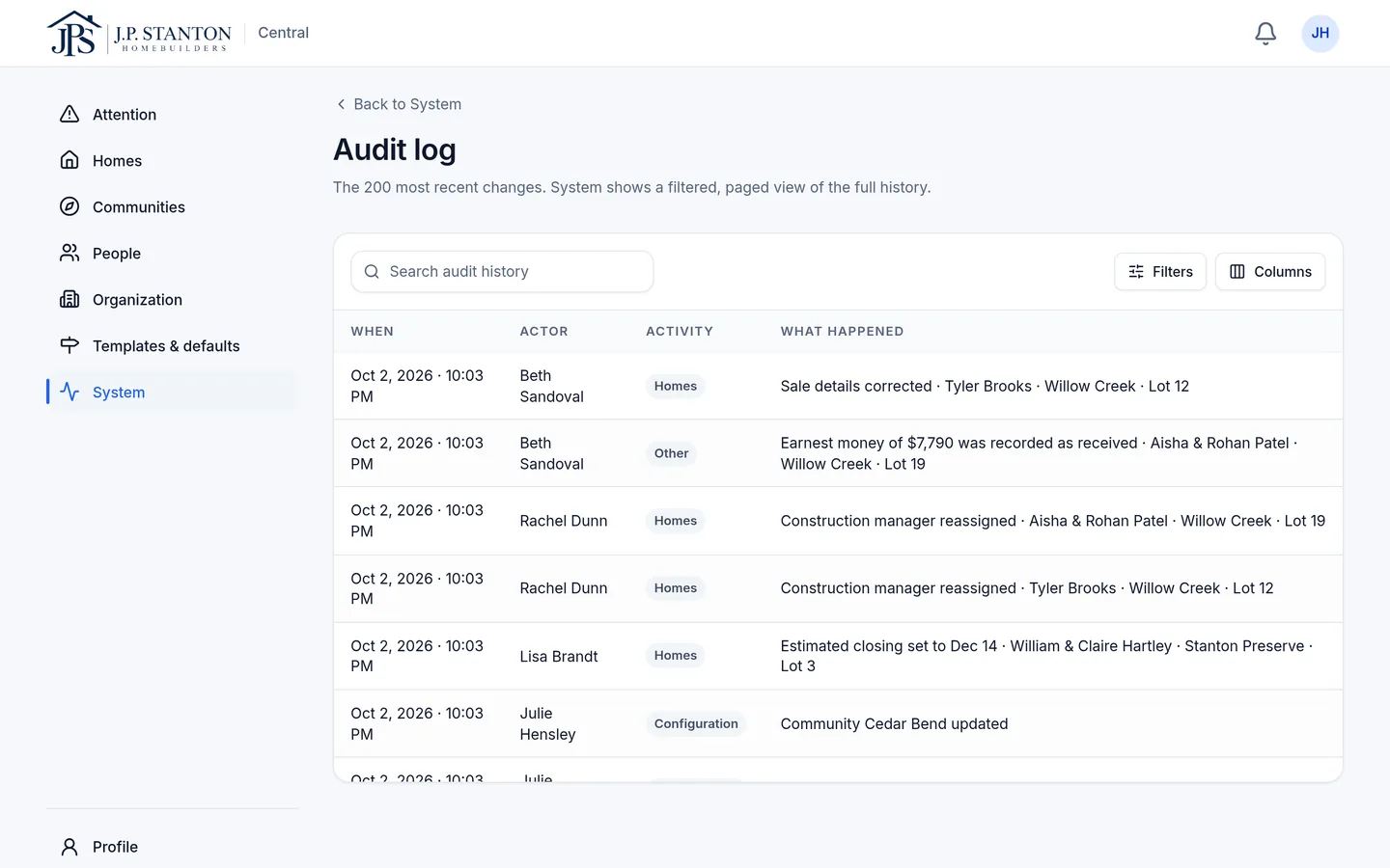 The admin Audit log: who changed what and when, with each home's buyer, community and lot, plus Cedar Bend setup changes. Fictional sample data.