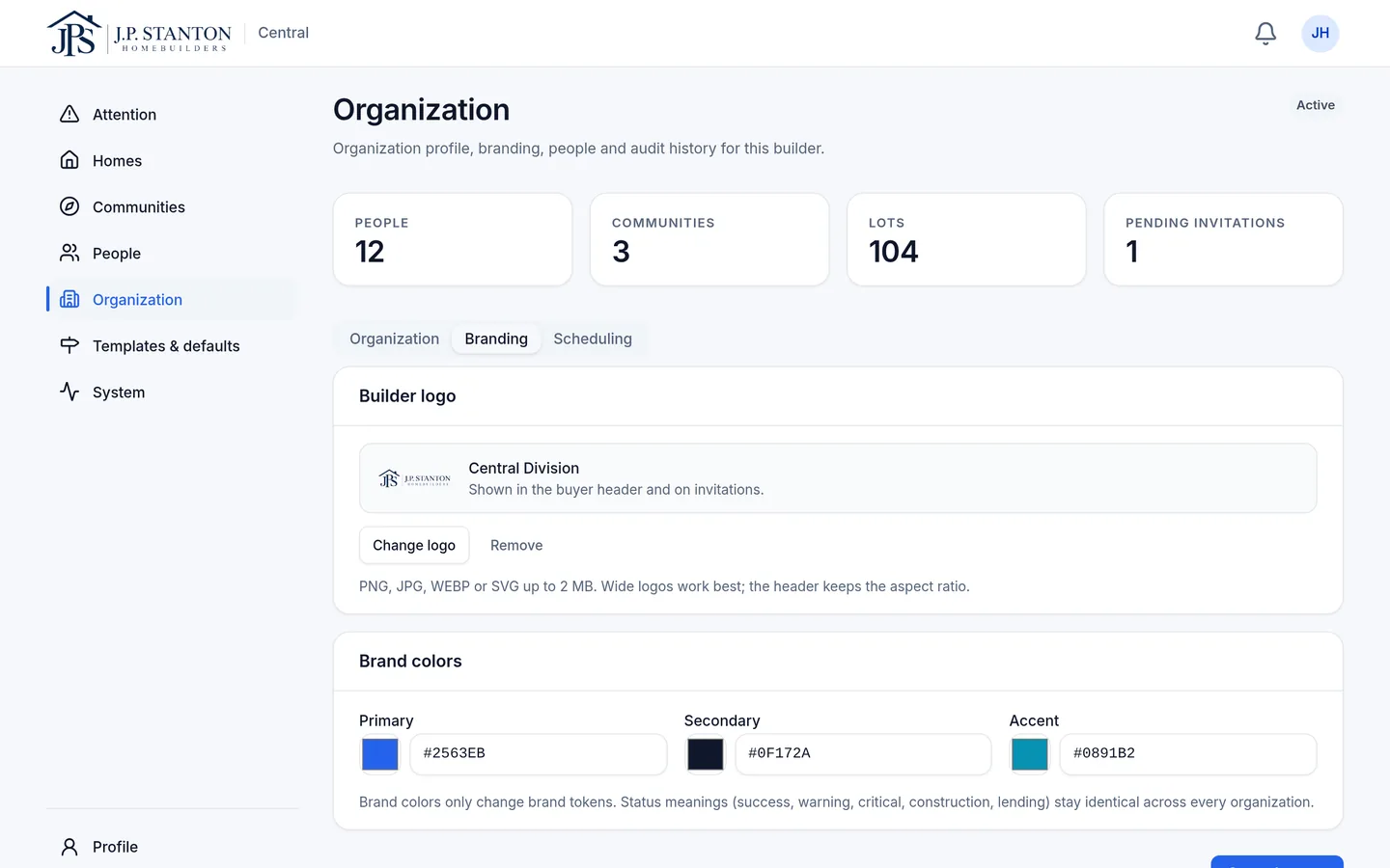 The admin Branding settings with the builder's logo, where it's shown, and the primary, secondary and accent colors. Fictional sample data.