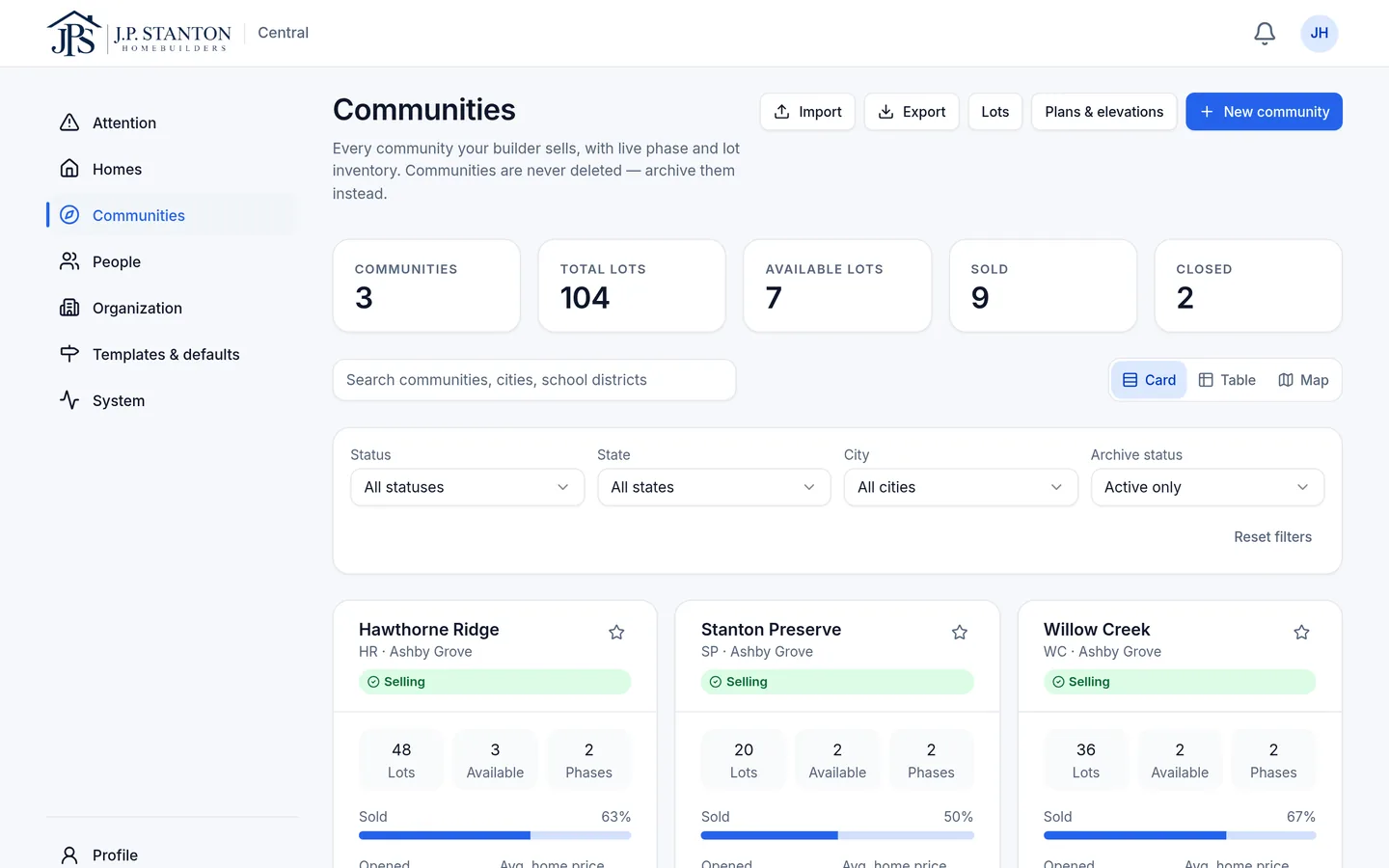The admin Communities page: Hawthorne Ridge, Stanton Preserve and Willow Creek, each with lots and sales status. Fictional sample data.