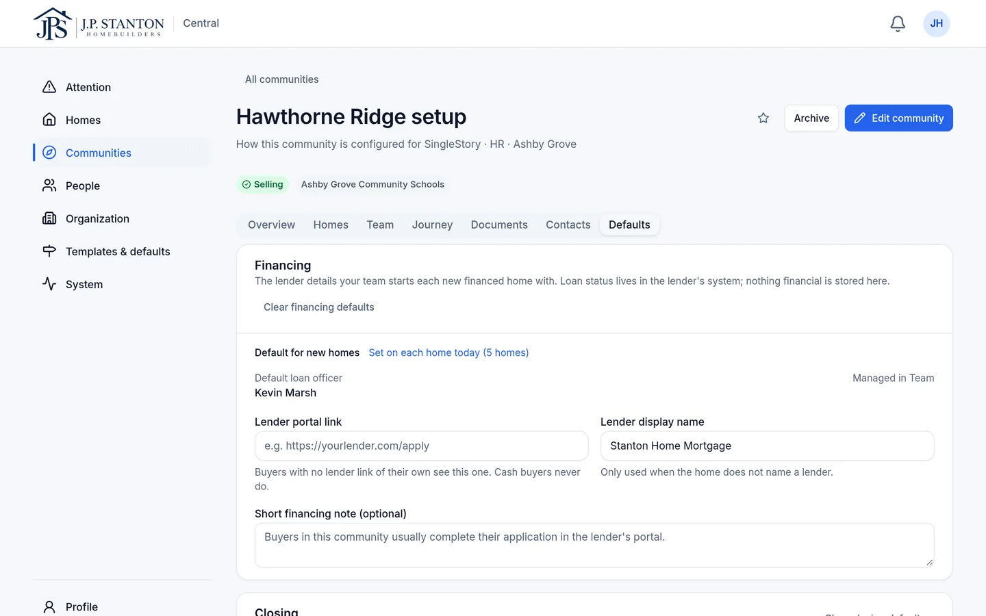 Hawthorne Ridge community defaults for new homes: the default loan officer and lender details. Fictional sample data.