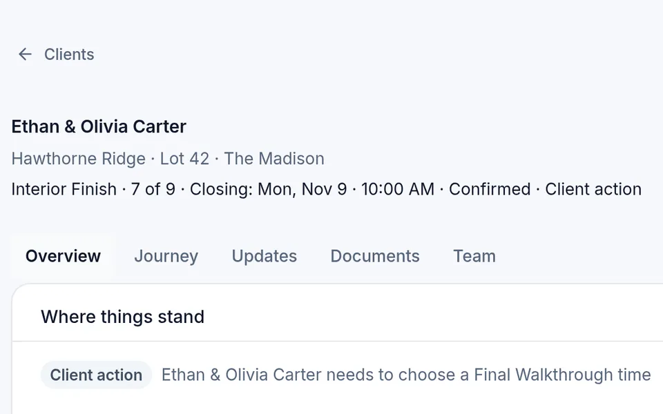 The Realtor's view of the Carter home: stage, confirmed closing date and the client action, choosing a Final Walkthrough time. Fictional sample data.