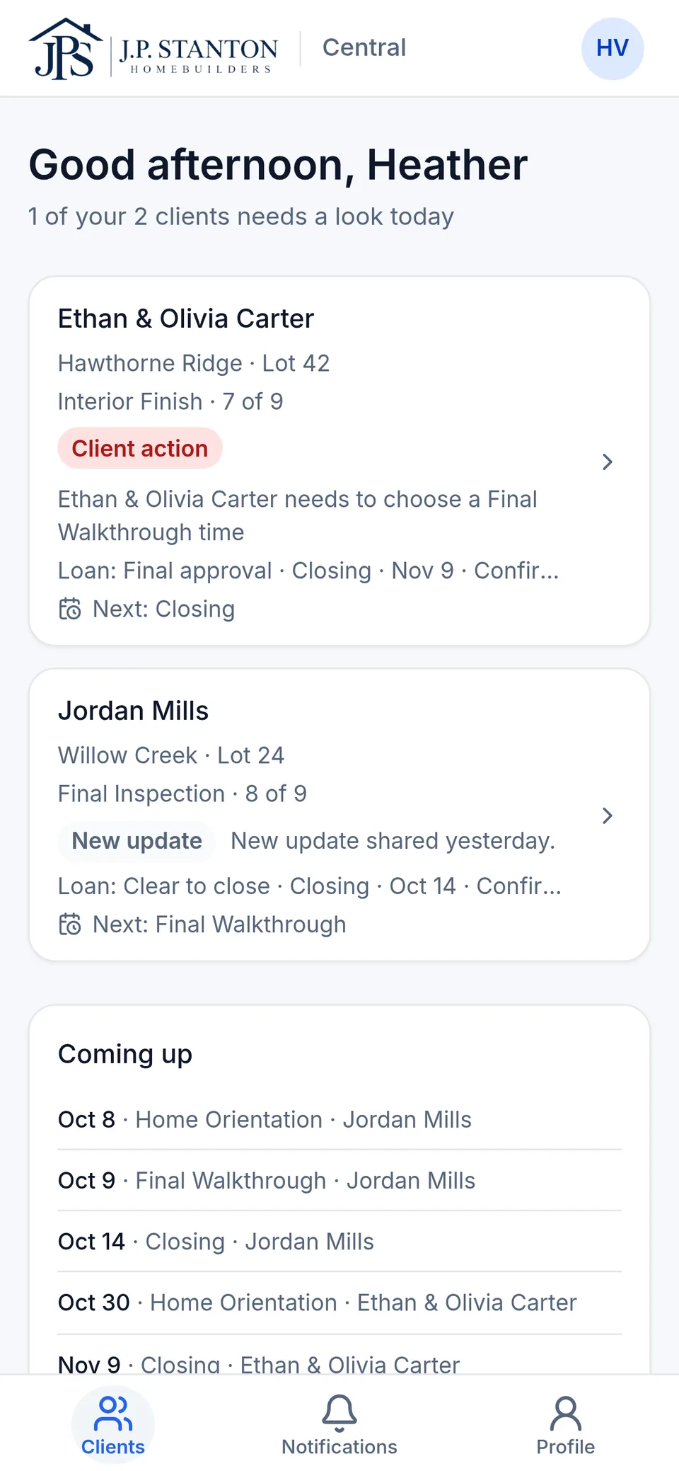 The Realtor's client list with each home's stage, loan and closing, and a Coming up list of dates. Fictional sample data.