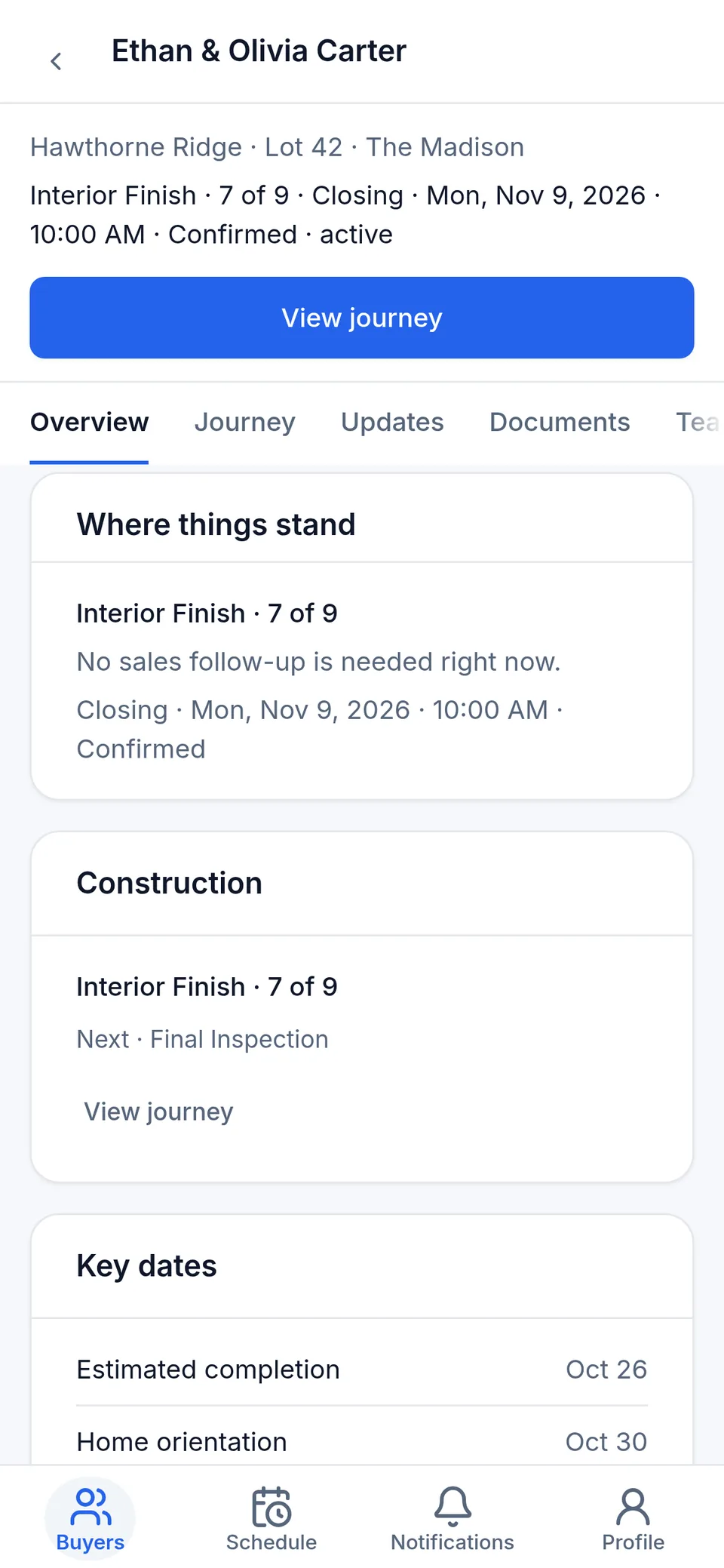 The sales consultant's phone view of the Carter home: stage, where things stand, the closing and key dates. Fictional sample data.