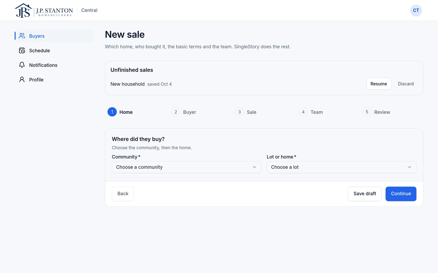 The New sale wizard, step 1 of 5, for adding a sold home and its buyers. Fictional sample data.