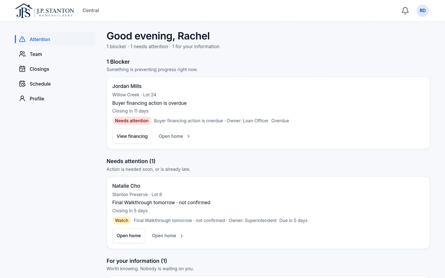 The sales manager's Attention page: a blocker and a walkthrough to confirm, each with the reason, the owner and a next step. Fictional sample data.