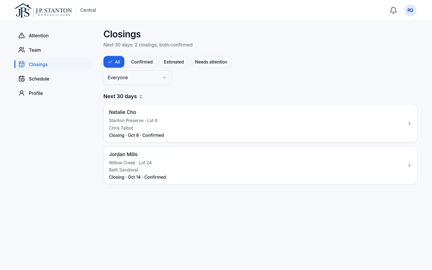 The sales manager's Closings page for the next 30 days, with each closing's community, consultant, date and status. Fictional sample data.