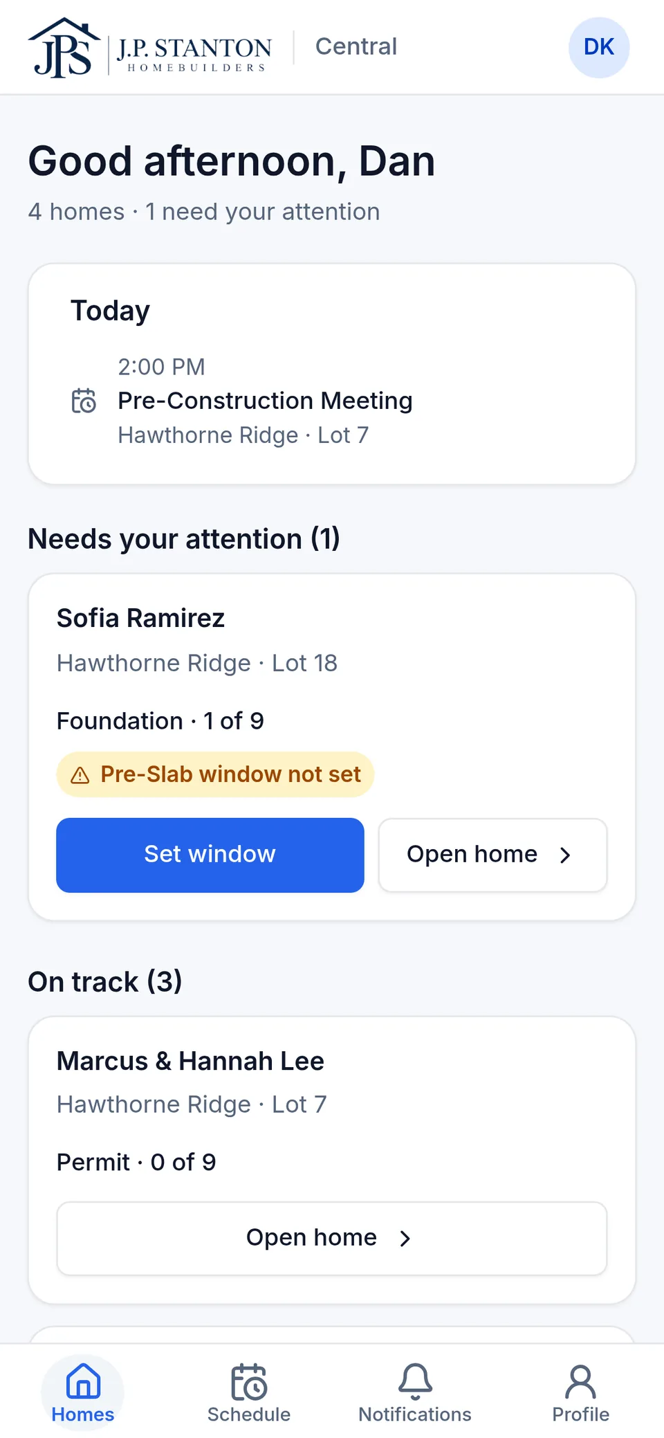 The superintendent's Homes list: today's appointment, then the home that needs attention with its reason, then the rest. Fictional sample data.