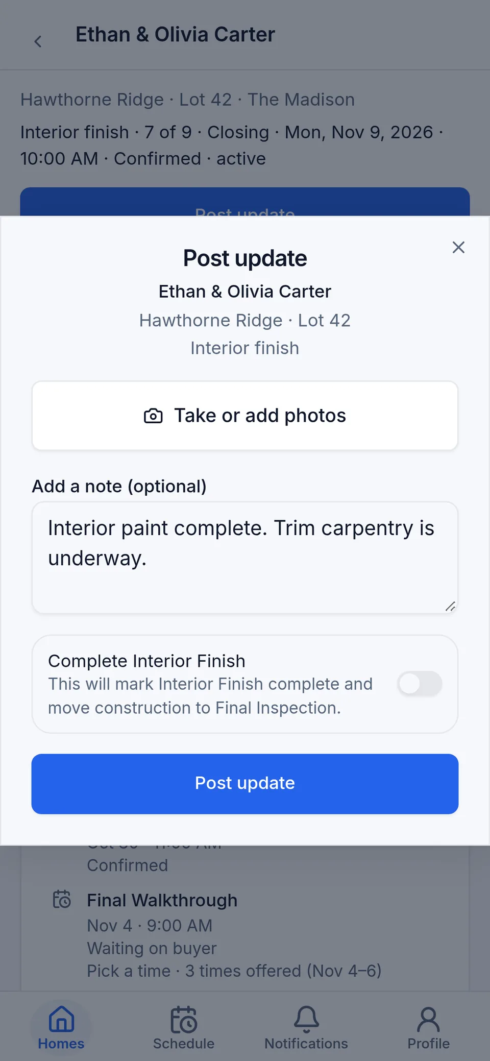 The superintendent's Post update screen for the Carter home, with a short note and a button to take or add photos. Fictional sample data.